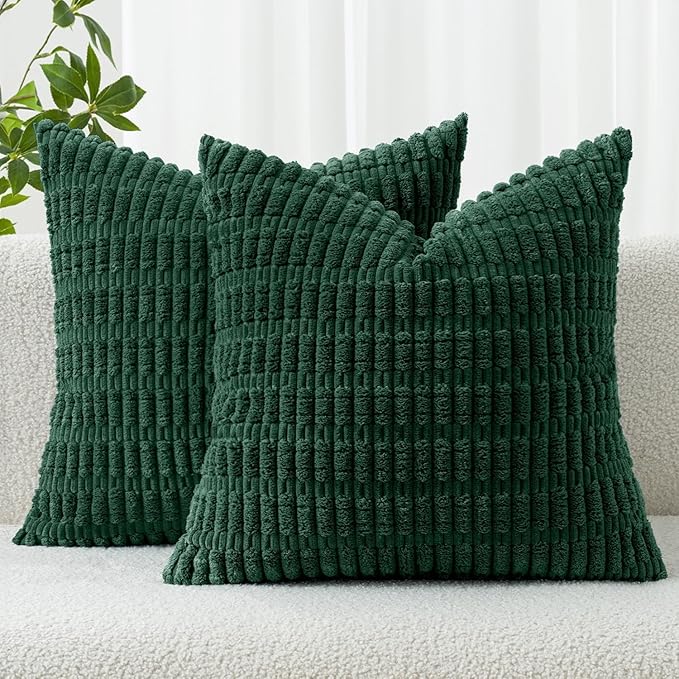 MIULEE Pack of 2 Dark Green Corduroy Decorative Pillow Covers 20x20 Inch Soft Boho Striped Throw Pillow Covers Modern Farmhouse Home Decor for Sofa Living Room Couch Bed