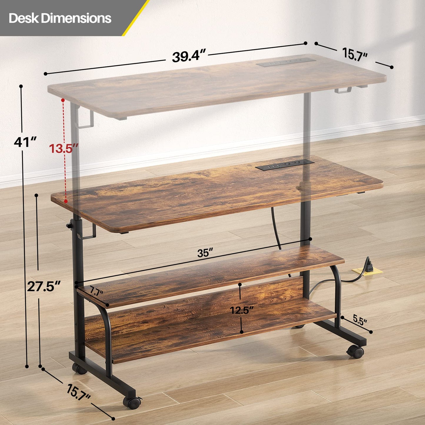 Armocity Rolling Standing Desk with Charging Station, Portable Height Adjustable Mobile Computer Desk with Wheels & 2-Tier Shelves & Hooks, Easy Assembly Laptop Table for Couch Bed, 39" Rustic Brown