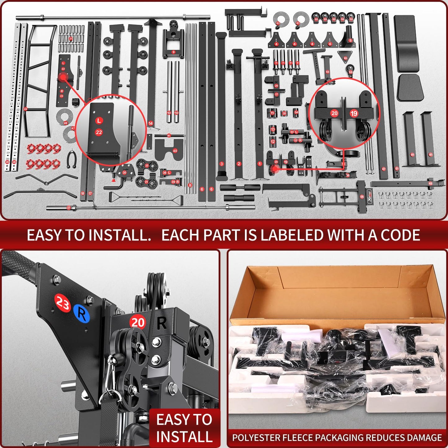 Smith Machine with Cable Crossover System, Multi-Function Squat Rack Power Cage for Home Gym, Power Rack and Packages Weight Sets (Red, L07-Smith Machine+Bench+(Pole+Cast lron) 341LBS)