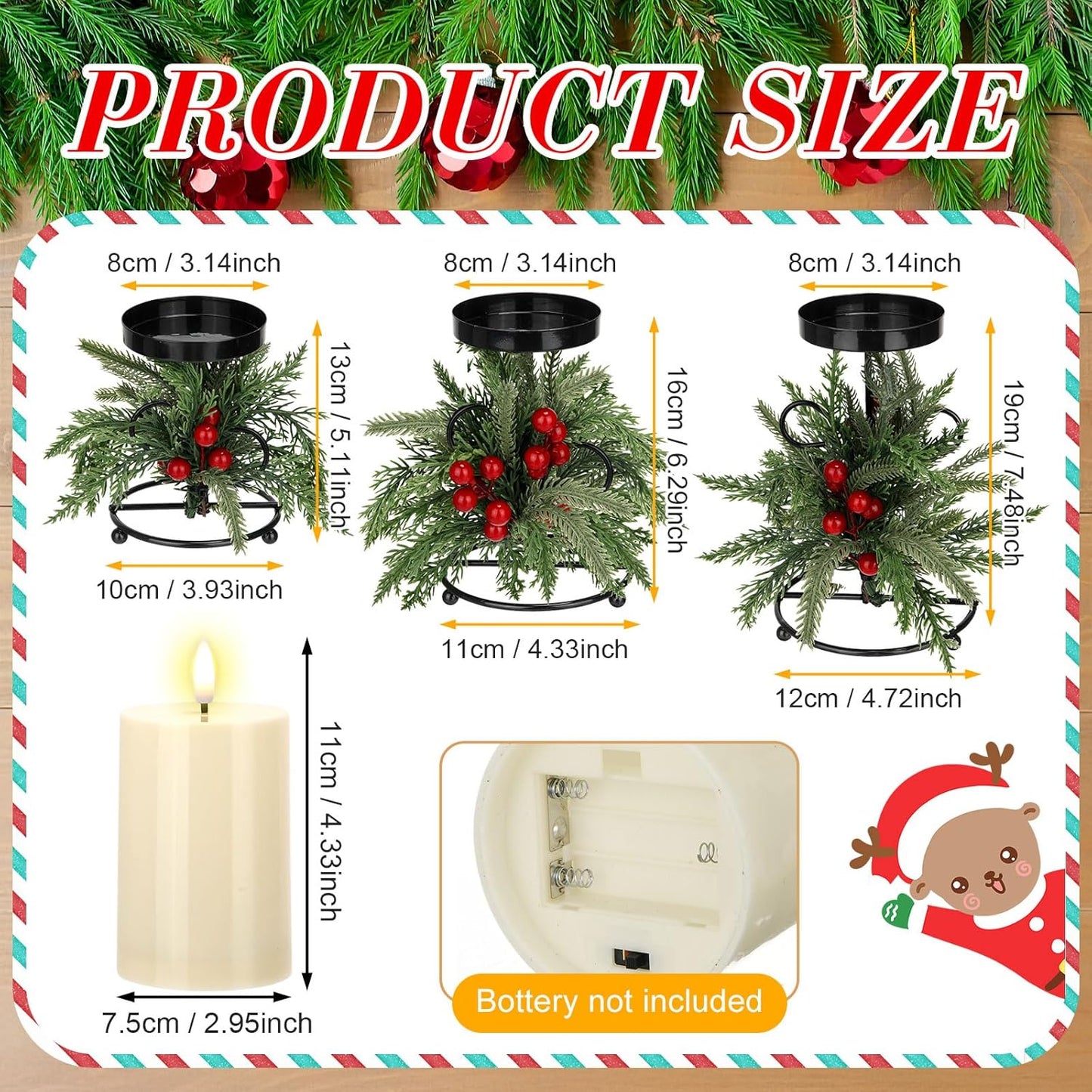 Yunlly Christmas Candle Holder Set - 3 LED Battery Operated Centerpieces | Norfolk Pine Needle Decor