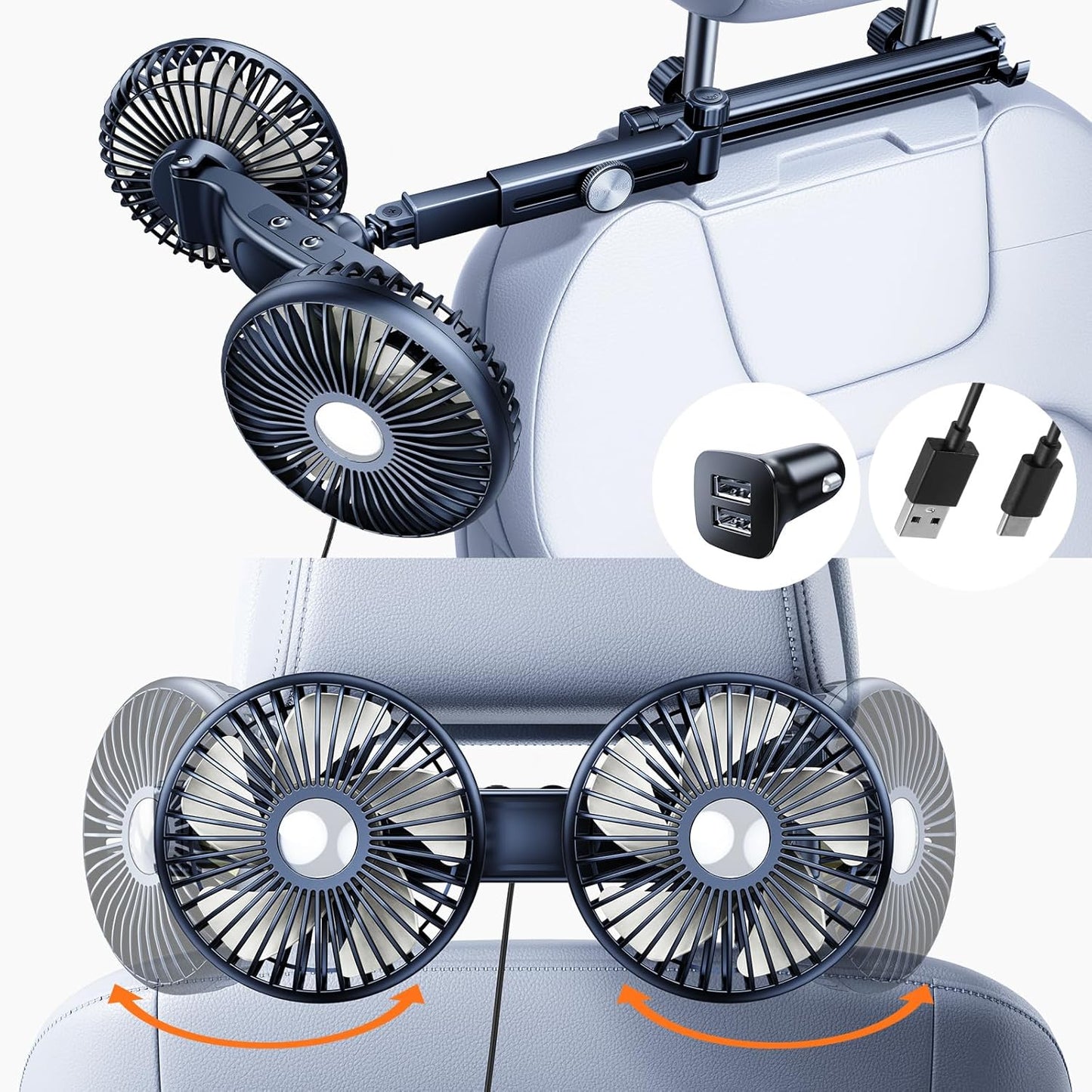 360 3 Car Fan for Backseat kids with Retractable Long Arm, [Comes with Car Charger] USB Car Seat Fan Headrest Degree