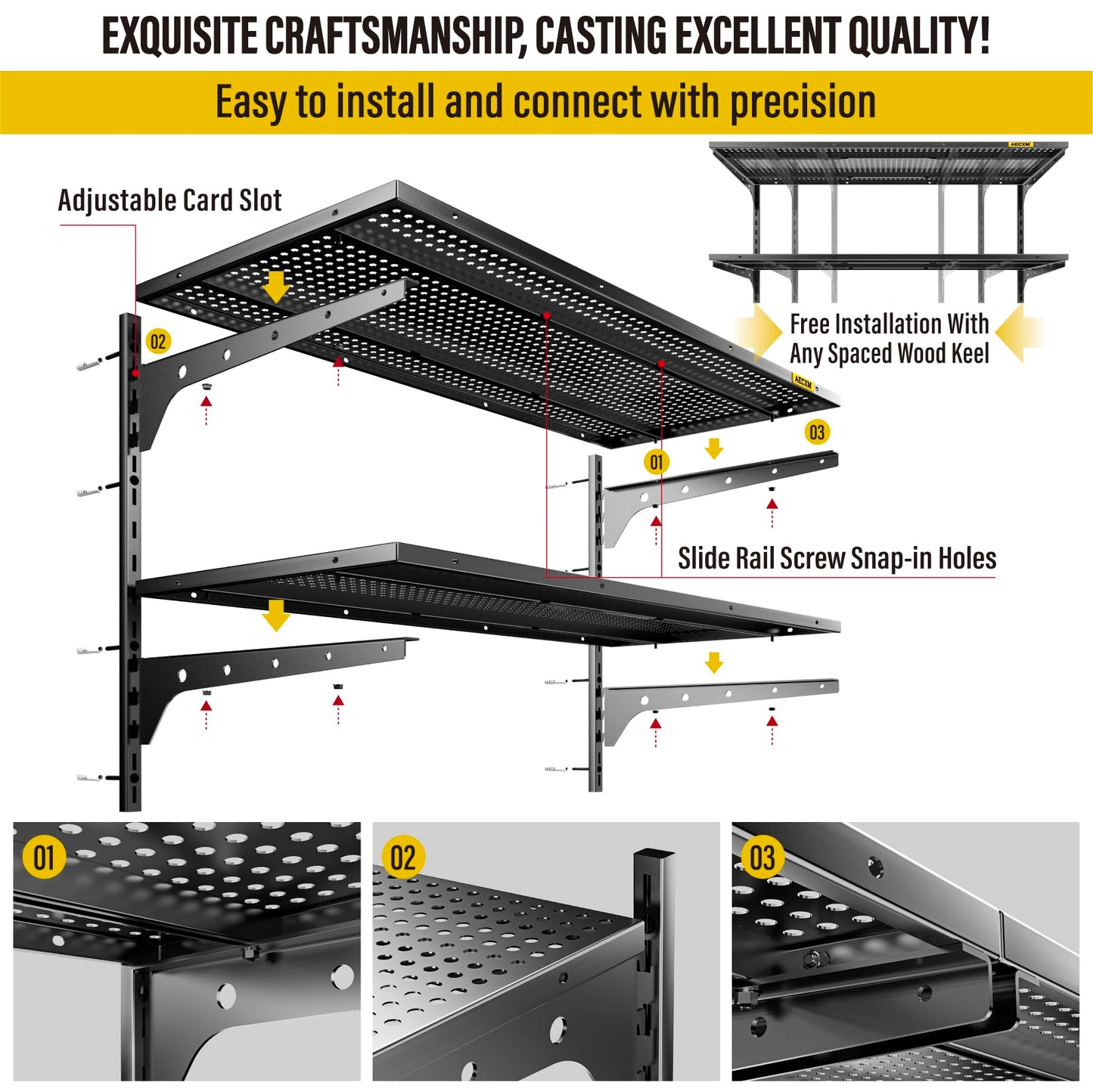 Aecxm 1pack×2 Tier 1.3x3ft Garage Shelving Wall Mounted, 400 lbs Load Capacity,15.6x36inch per Shelf Height Cassette Adjustable Floating Shelves, Black