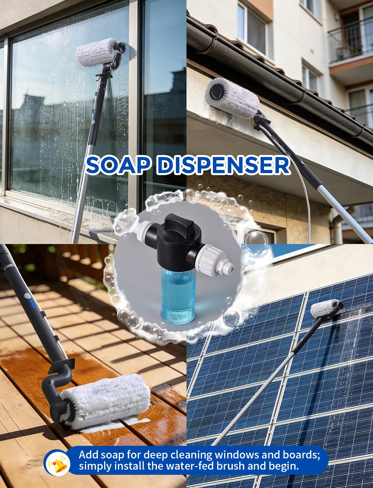 Electric Solar Panel Cleaning Kit, 20FT Solar Panel Cleaning Brush and Pole with Soap Dispenser, Telescopic Water Fed Pole, Solar Panel Cleaner Solution for Windows, Roof, RV