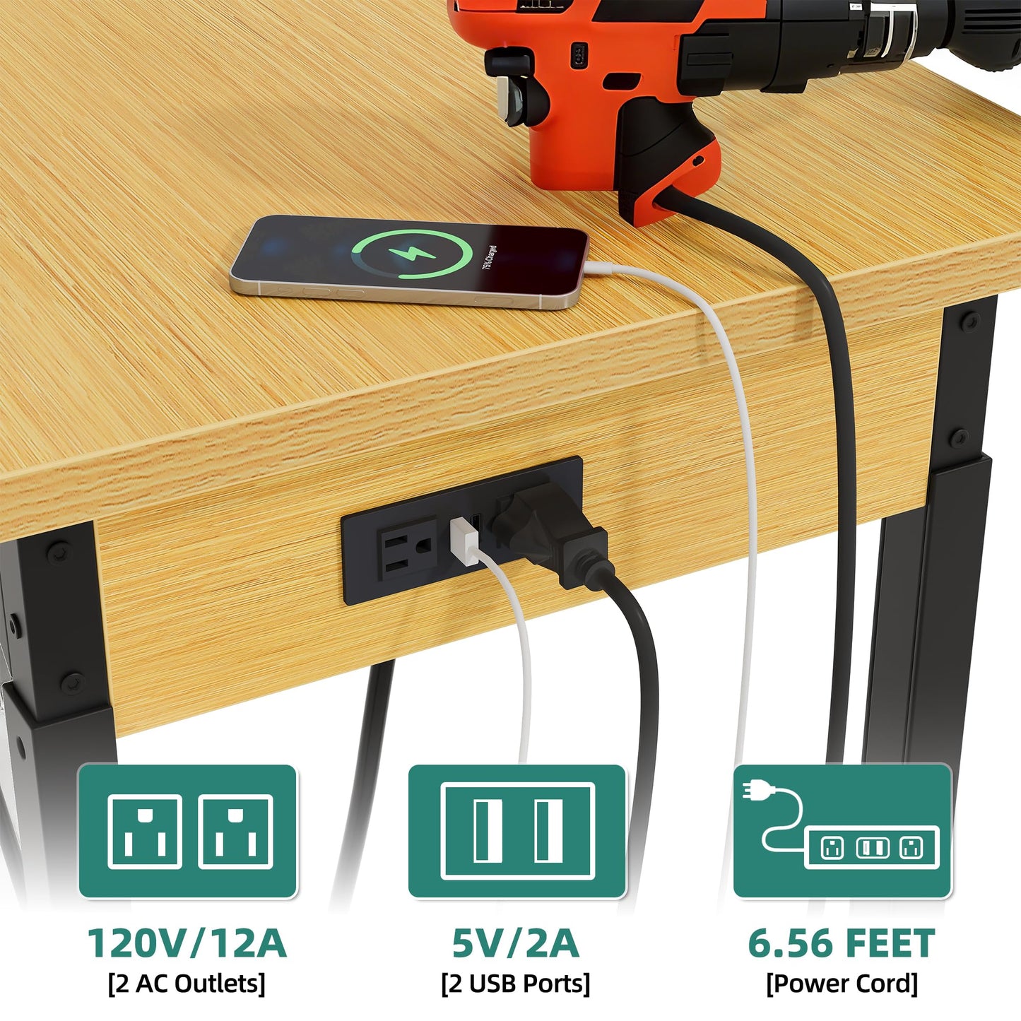 YITAHOME 48" Adjustable Workbench with Pegboard, Wheels, 1600 LB Capacity, Rolling Work Table with AC/USB Outlets, Hooks, and Rack, Heavy-Duty Work Bench for Garage, Workshop, Office