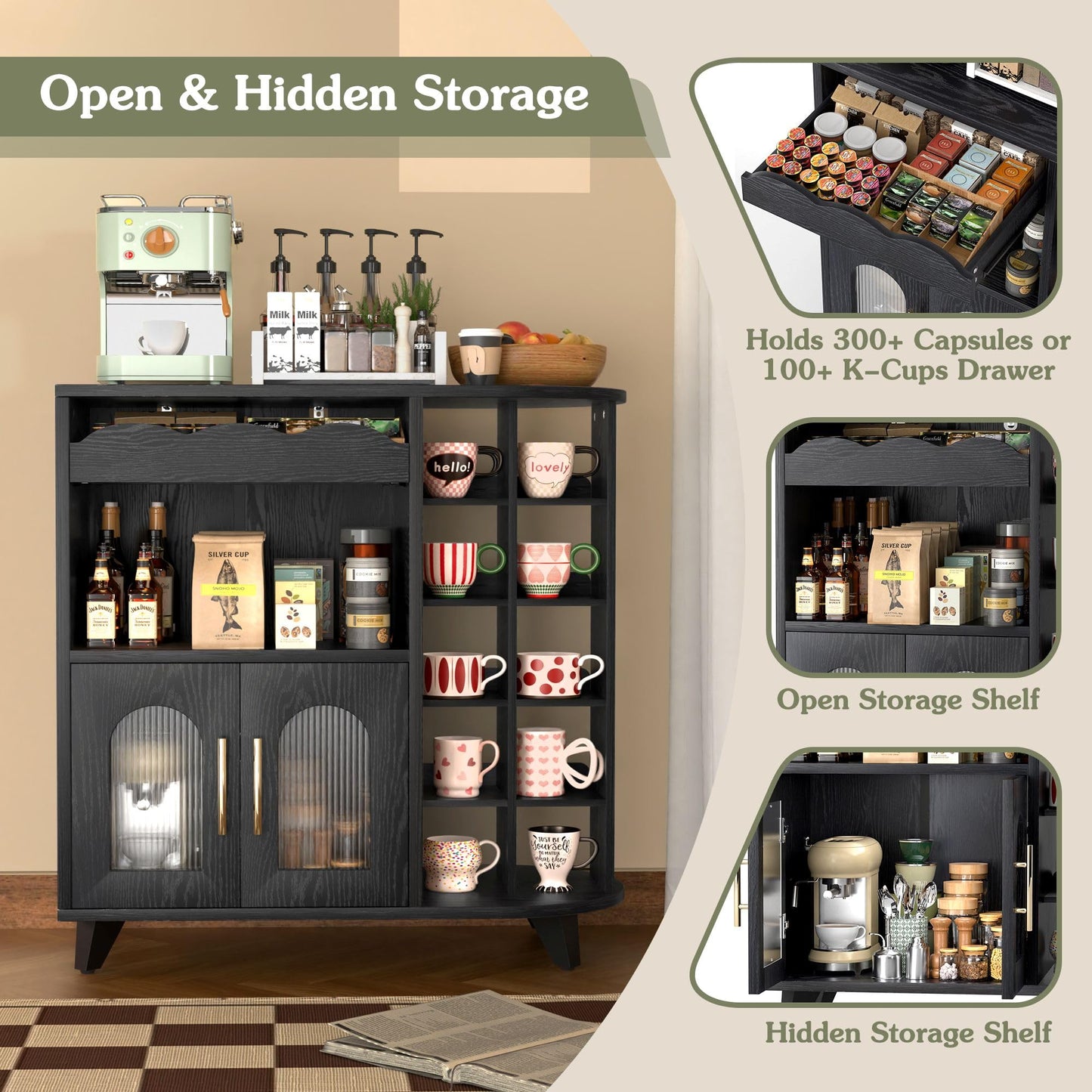 VINAEMO Coffee Bar Cabinet with 24-Cup Display, Large Drawer & Storage,Modern Buffet Sideboard for Kitchen, Medium Wooden Bar Station for Apartment，Black