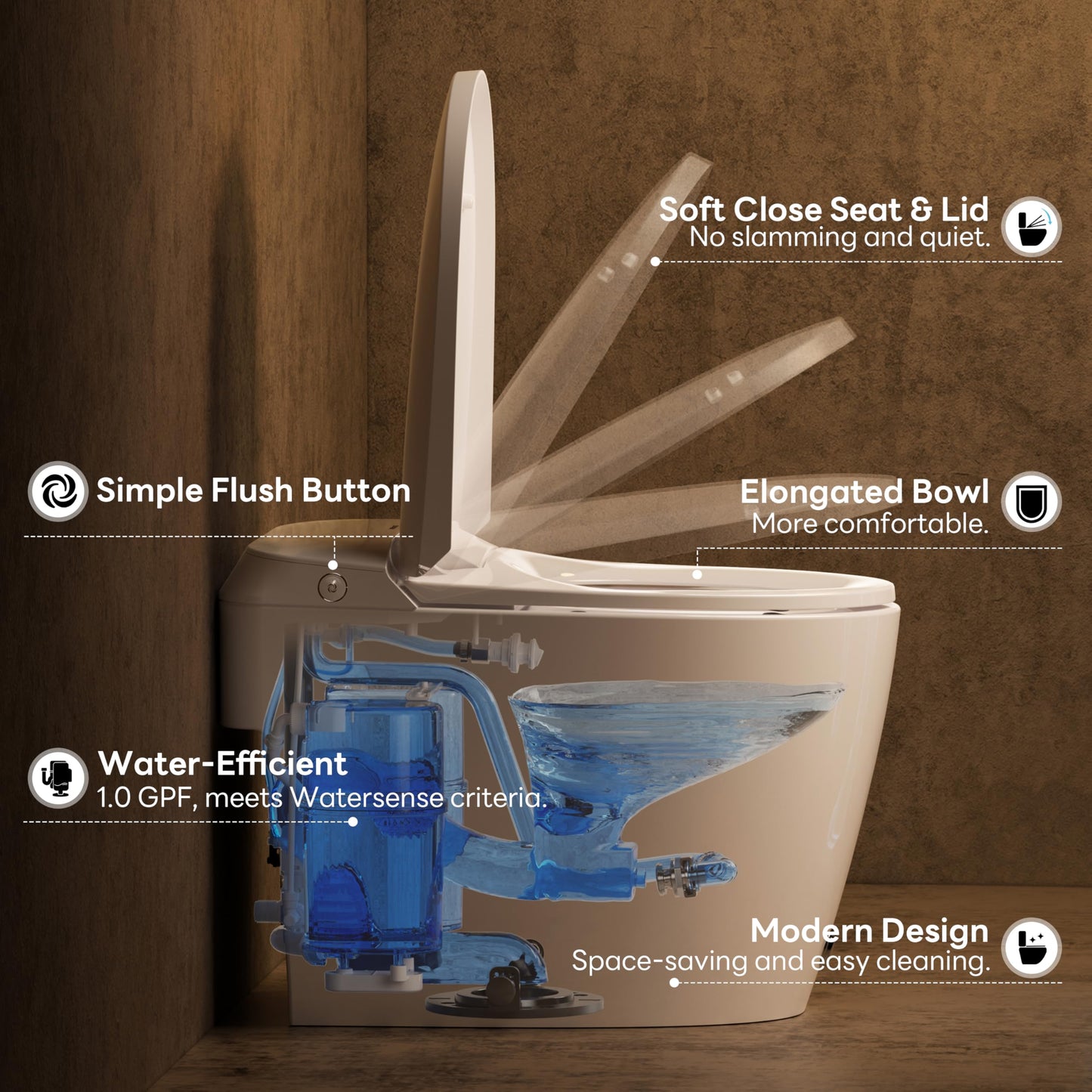Casta Diva Elongated One Piece Toilet with 17.2" ADA Comfort Height Seat Modern Toilet for Bathroom 1.0GPF Button & Foot Kick Flush, Air Pressure Assisted Flush, 12'' Rough-in, Standard White Bowl