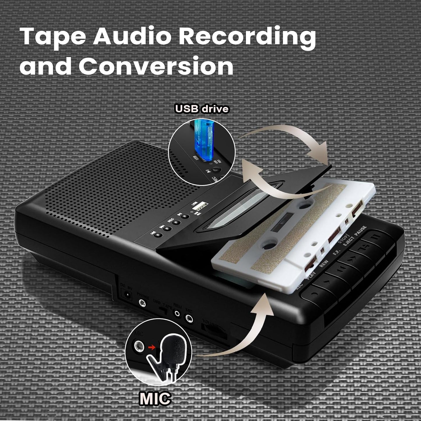 Cassette 3.5MM Cassettes Retro Player & Tape Recorder with Standalone Mircophone, Portable Tape to USB Digital