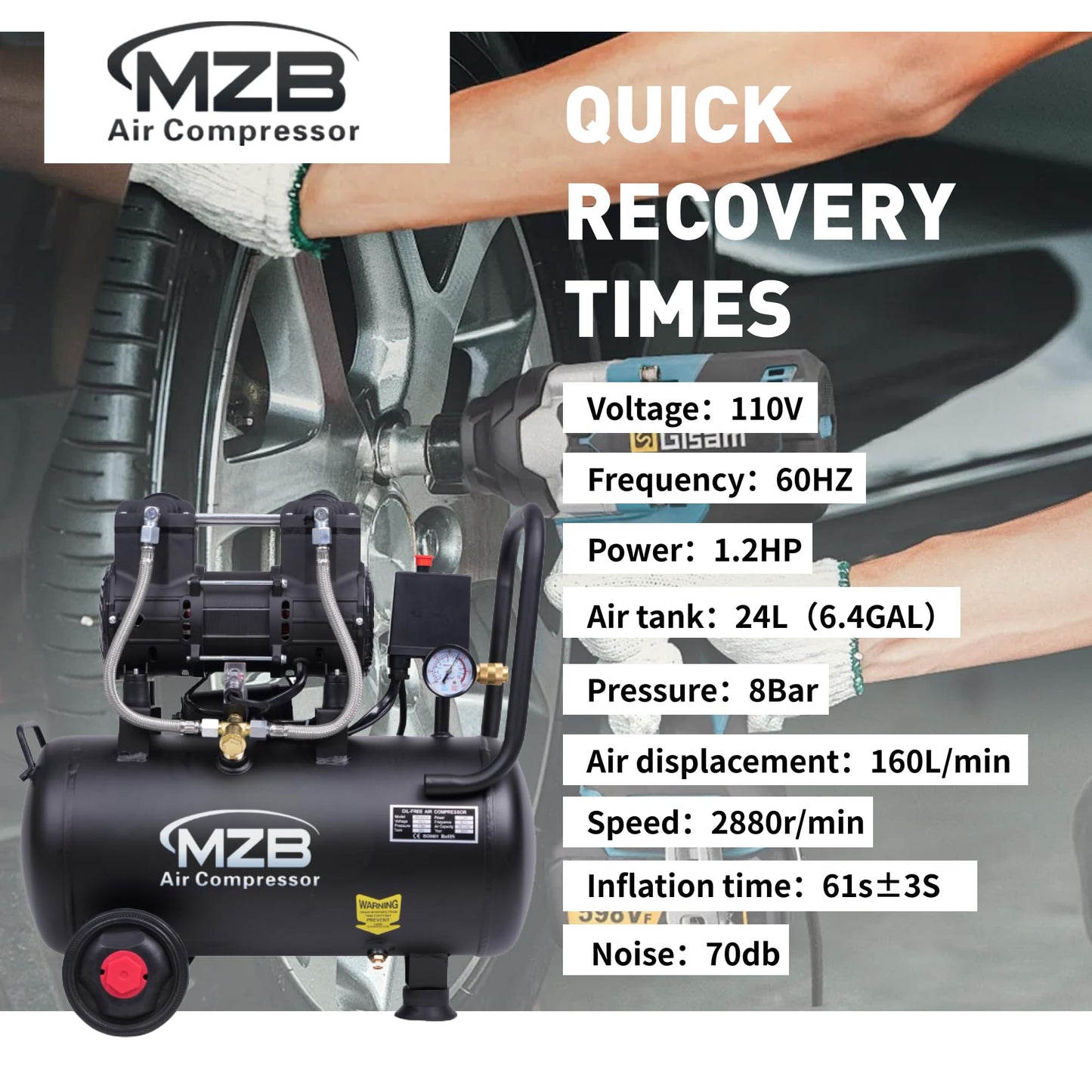 MZB 6.4 Gallon Ultra Quiet Air Compressor 110V/60Hz Steel Tanks Oil-Free 70dB Noise Level Air Compressor with Wheels for Spray Painting, Auto Repair, Carpentry Decoration