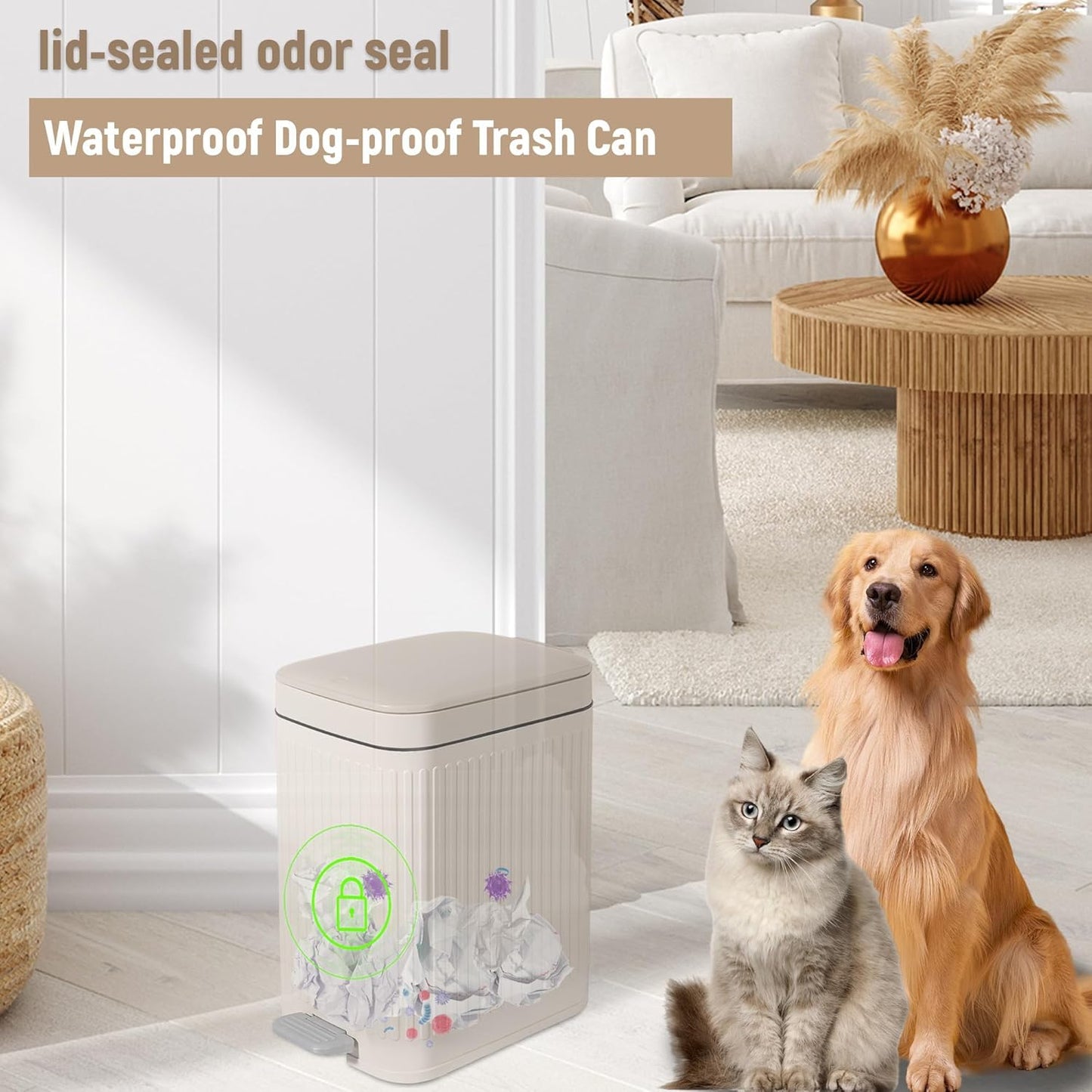 Rejomiik Small Bathroom Trash Can - Slim Soft Close Lid Wastebasket | 1.9 Gallon Cream Color