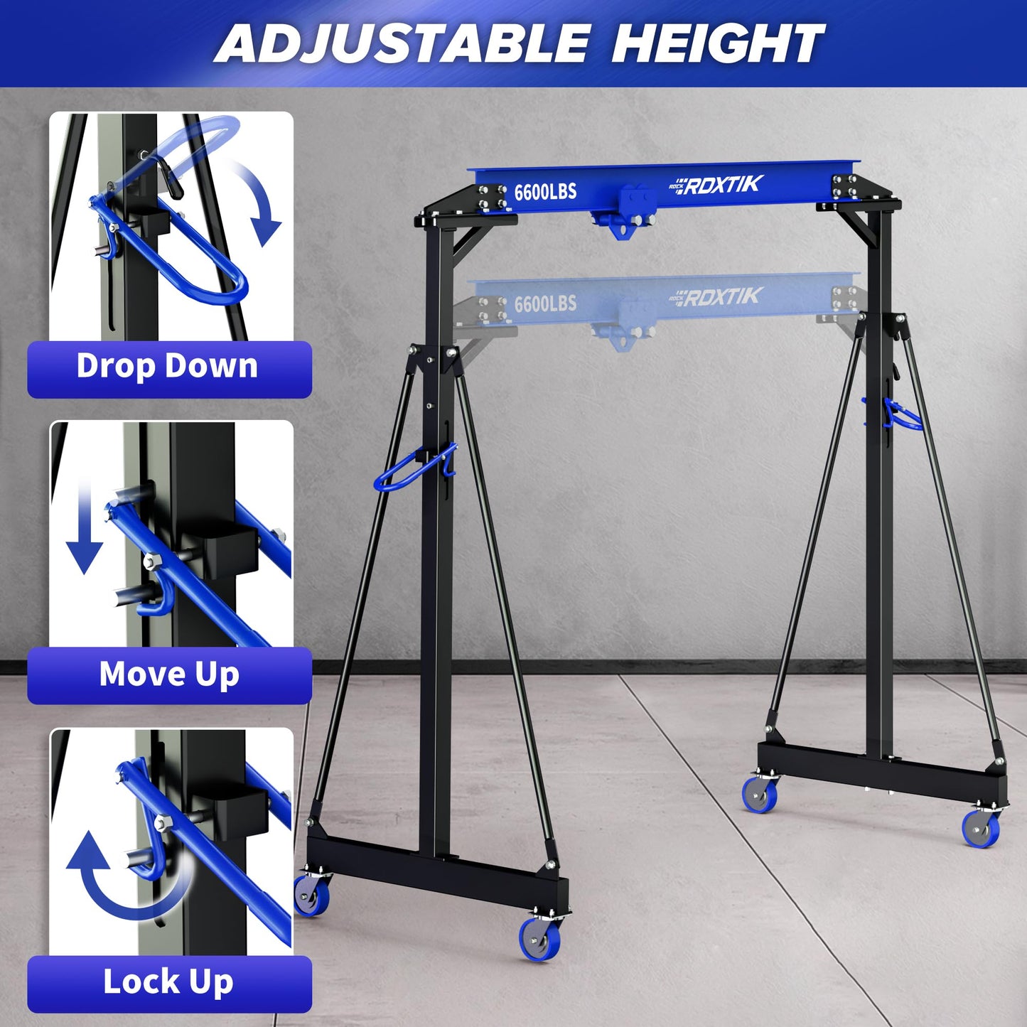 RDXTIK 3 Ton 6600LB Gantry Crane, 3 Ton Manual Trolley, 9.06FT Max Width, Portable Shop Crane with 8.53-12.47 FT Adjustable Height, Dark Blue