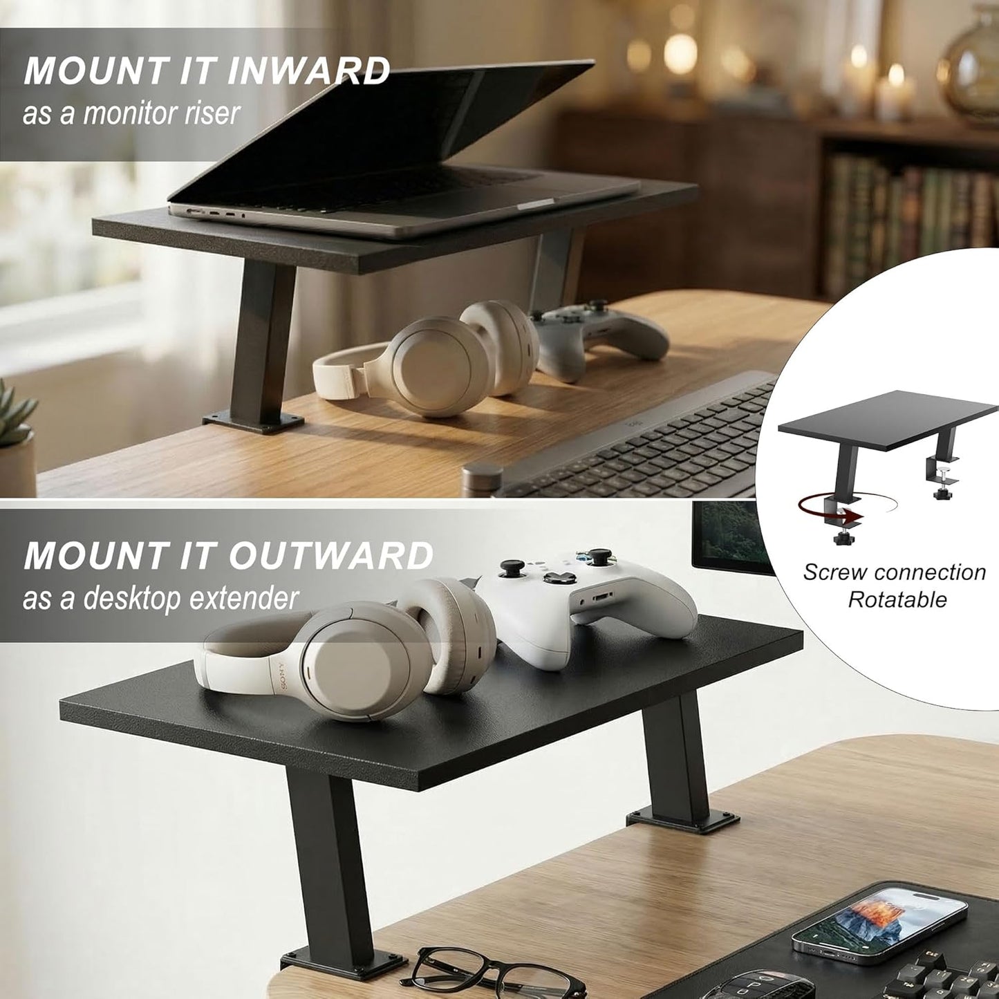 15-Inch 2-in-1 44 lbs, Setup Desktop Clamp-on Shelf & Monitor Riser, Reversible Design Fits Either Side of Desk