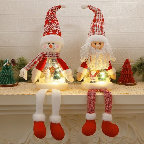 Juegoal Lighted Christmas Santa & Snowman Figurines - 24" Handmade Tabletop Ornaments with Miniature Scenes