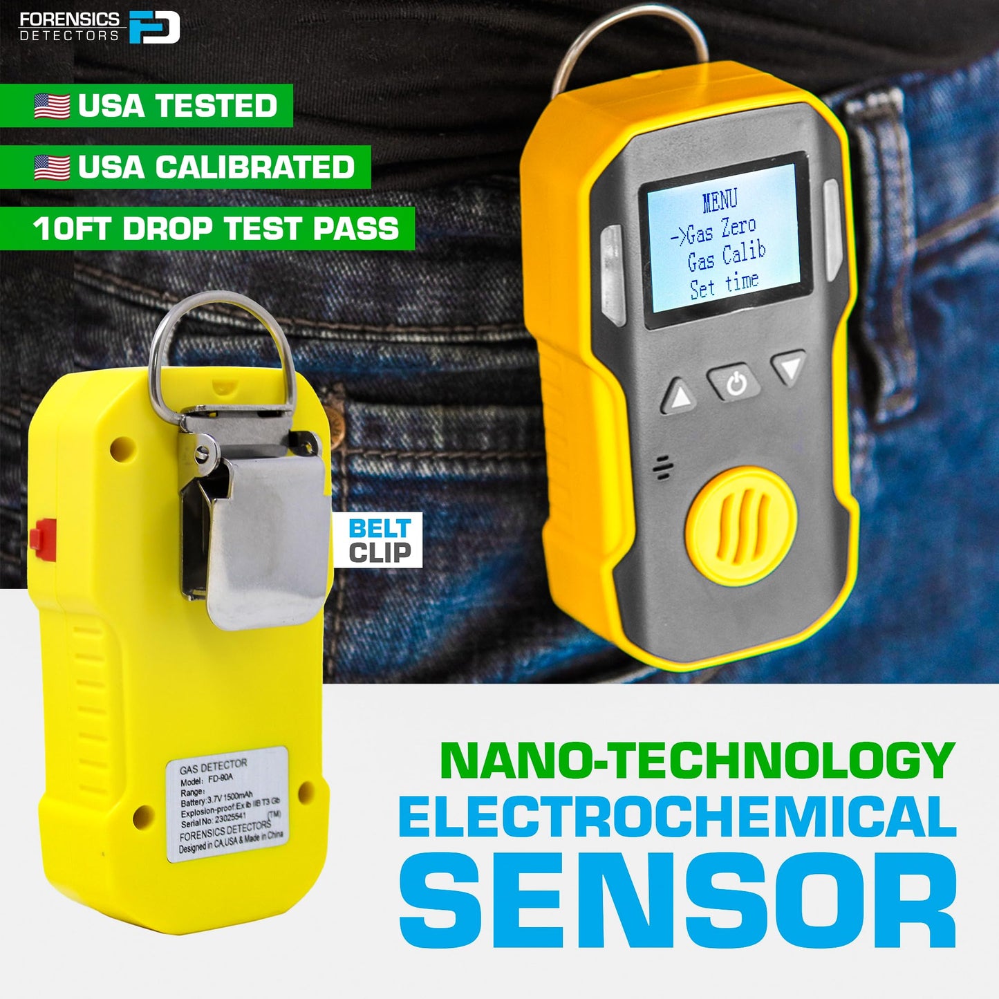 Carbon Monoxide Detector CO Analyzer + Pump by Forensics | USA NIST Calibration | Water, Dust & Explosion Proof | USB Recharge | 0-1000 ppm |