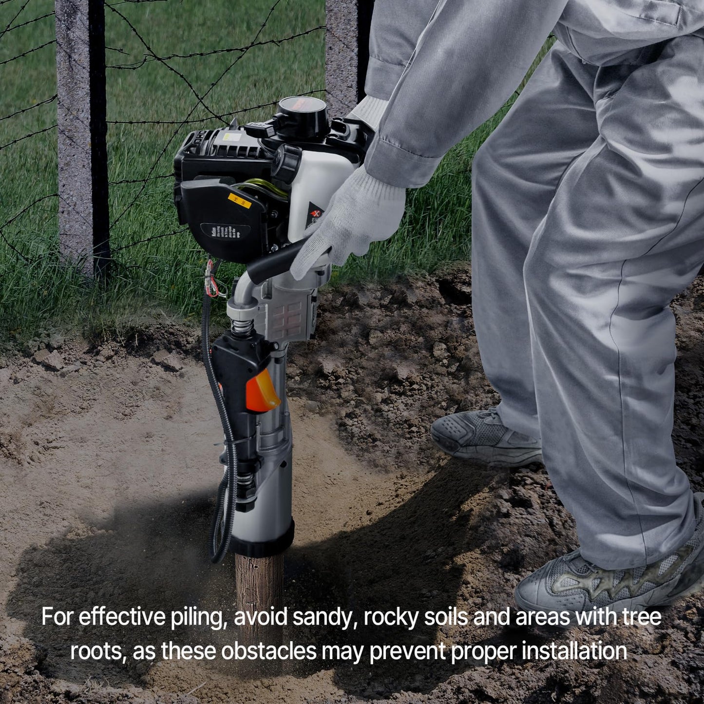 VEVOR 37.77cc Gas-Powered T Post Driver, 4-Stroke Engine Gasoline Fence Piling Pounder, with 3 Post Driving Head(45/55/88 mm), 1000W Portable Piledriver For Farm, Ranch Fencing, Road Improvements