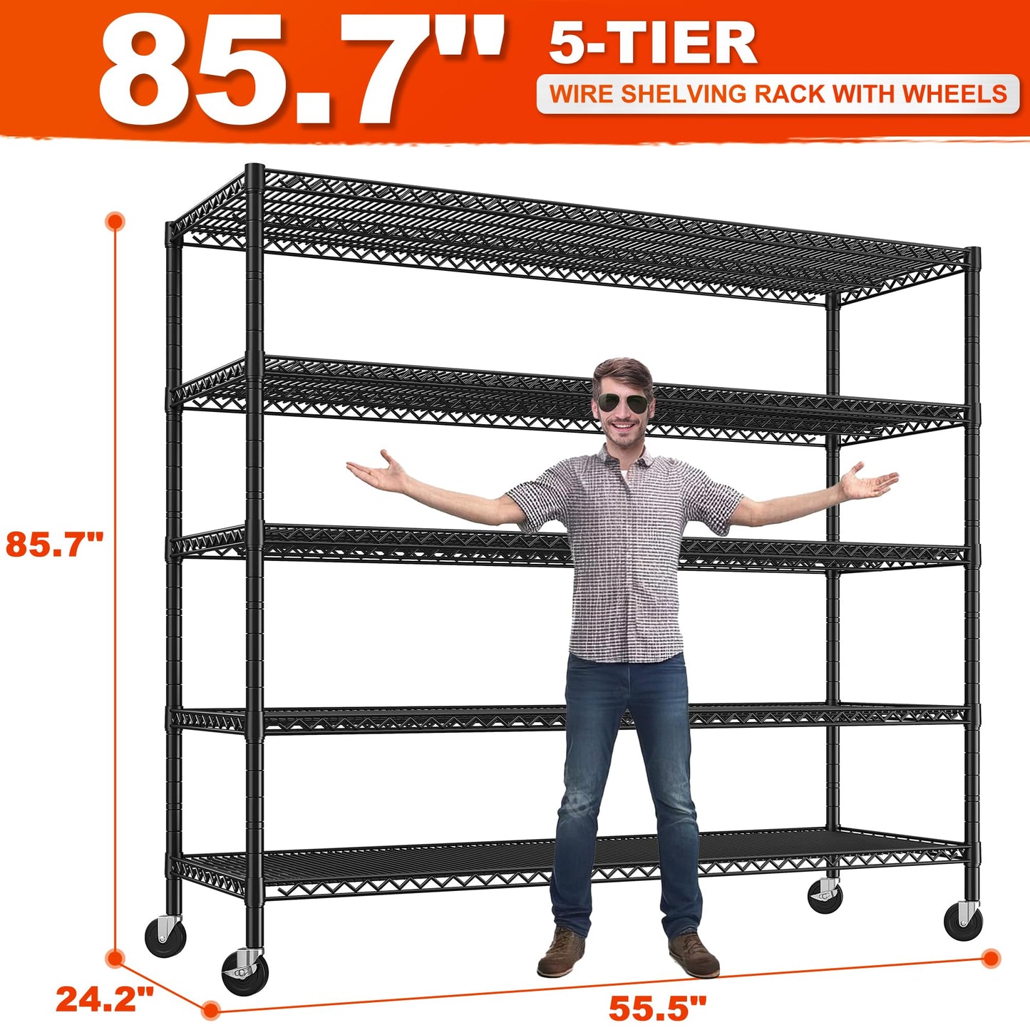 REIBII 85.7"H Garage Shelving 2998LBS Storage Shelves with Wheels&Feet,5 Tier Garage Shelves Heavy Duty Adjustable Wire Shelving for Basement Commercial Industrial Pantry, 85.7"H X 55.5"W X 24.2"D
