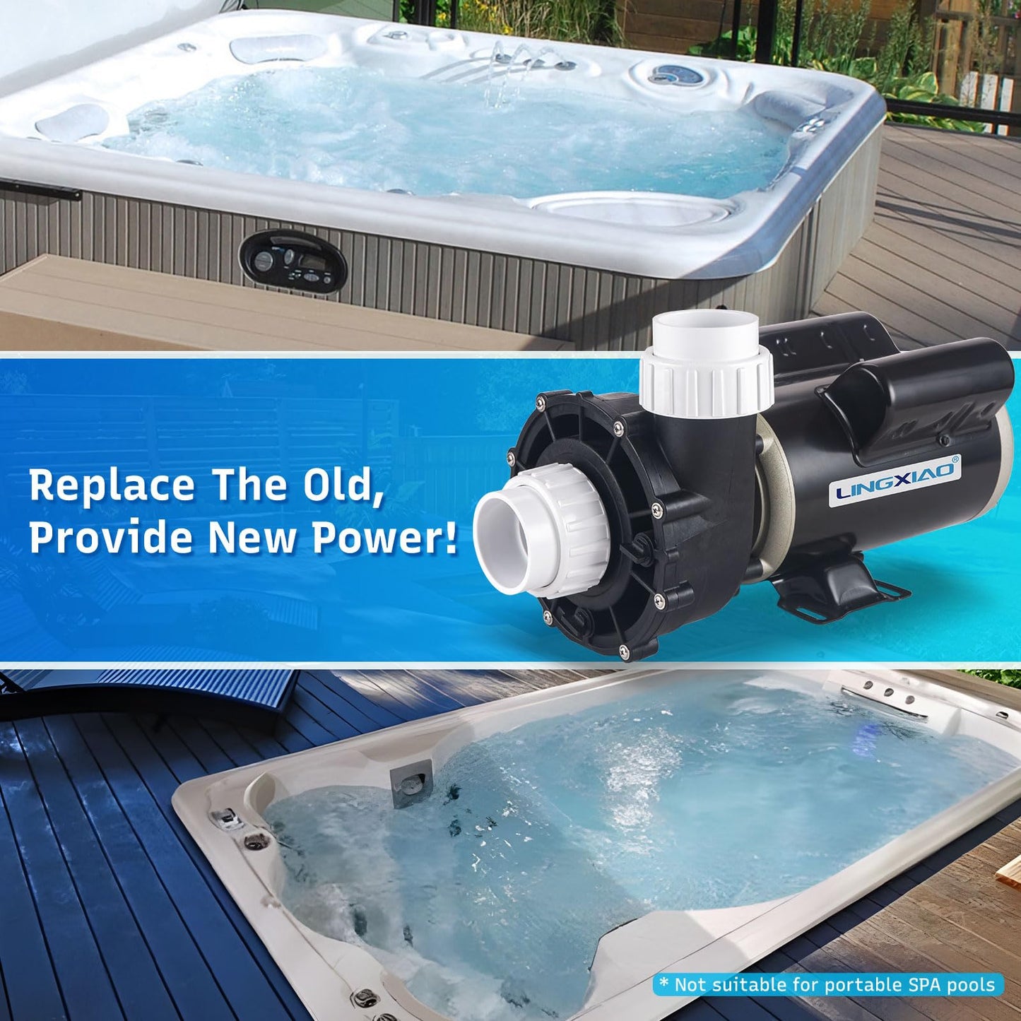 LINGXIAO SPA Pump, 2HP Hot Tub Pump - 2 Speed LX SPA Motor 115V/60HZ, 2" Port - 48 Frame (Model: 48WUA1501C-II)