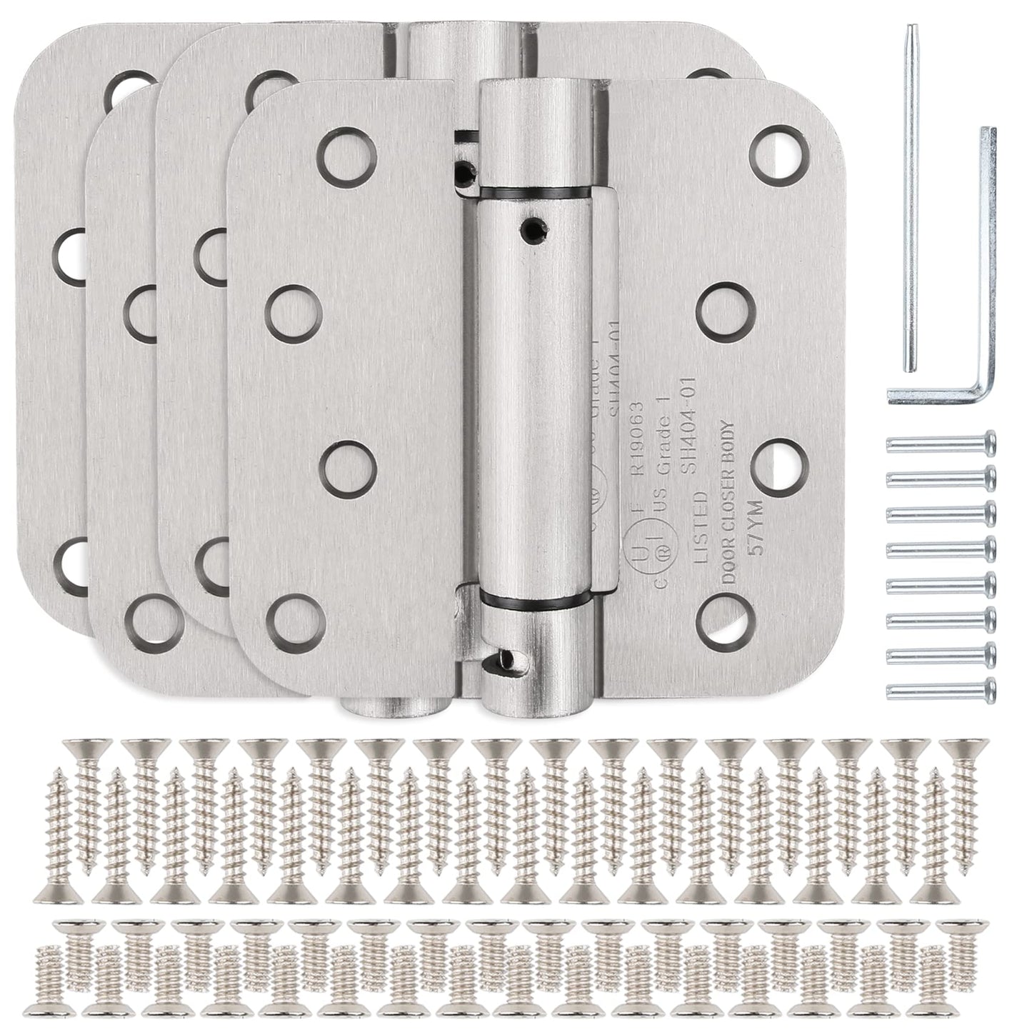 KIW Modern/Contemporary Satin Nickel 4" x 4" Self-Closing Door Hinges, 8 Holes, Steel, Brushed Finish, Mortise Mount, 4 Pack