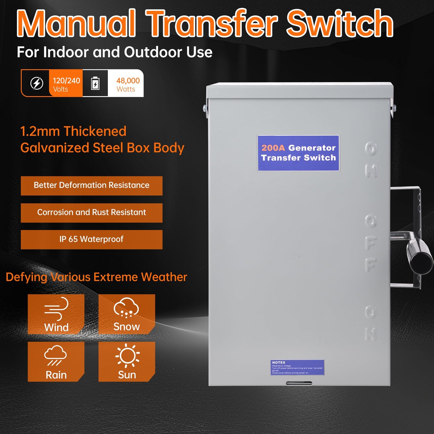 200 Amp Generator Transfer Switch,120/240V Manual Transfer Switch for Home Generator,2 Pole 48000W General-Duty Double-Throw Safety Switches,Stronger Stability,NEMA 3R Standards for Outdoor and Indoor