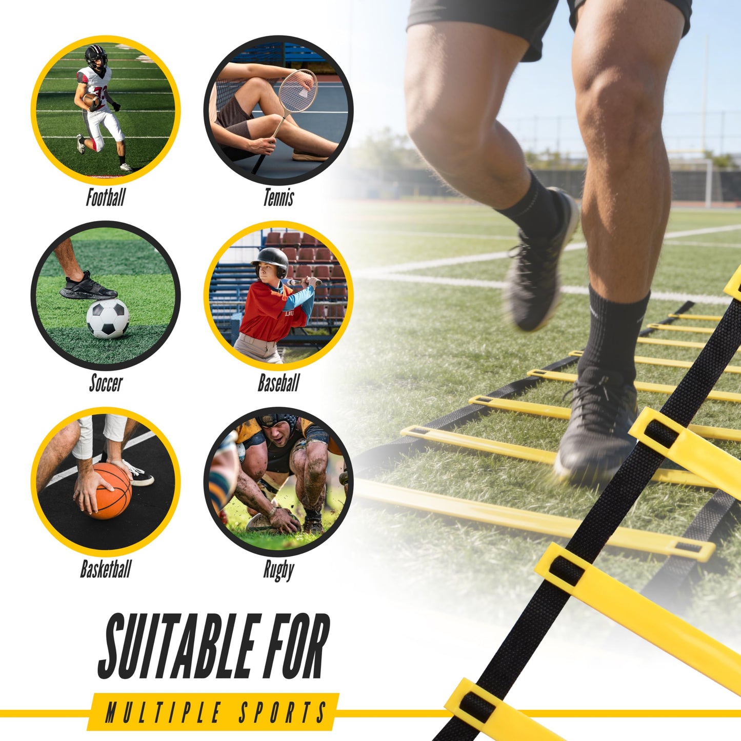 Venmark Agility Ladder, 2 Pack - Exercise and Training Ladder Set with Ground Stakes for Football, Soccer, Tennis, and More - Improves Speed & Fitness - Complete with Carrying Bag