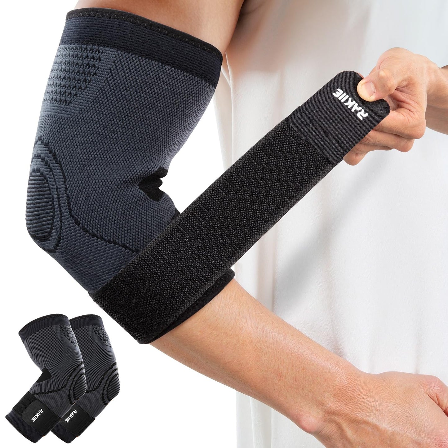 Rakiie Elbow Support Brace for Men and Women, 2 Pack Elbow Compression Sleeve, Elbow Brace for Tendonitis and Tennis Elbow, Elbow Sleeve Reduce Joint Pain for Tennis, Golfer, Workouts Black (M)