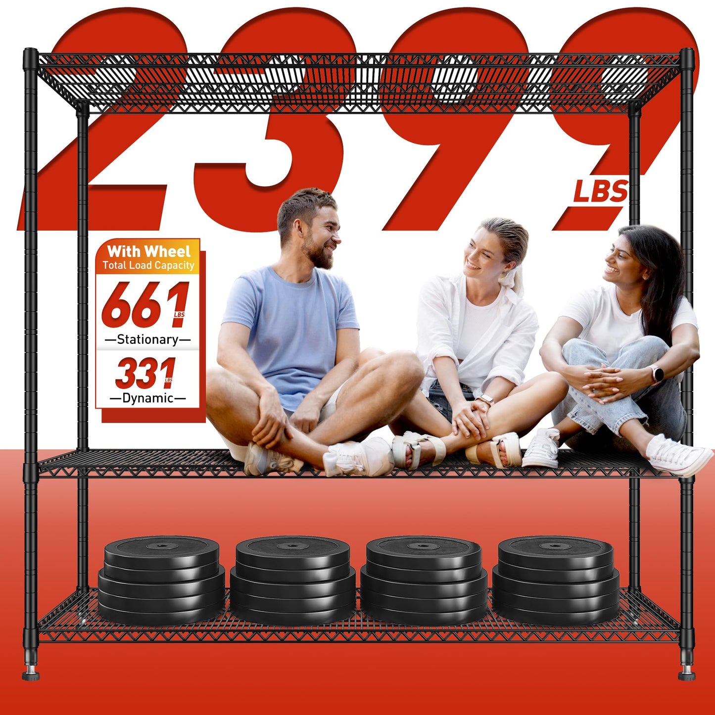 REIBII 60''W Storage Shelves 2399LBS Wire Shelving with Wheels Garage Shelving Heavy Duty Metal Shelves for Storage Rack Adjustable Shelf for Commercial Garage Kitchen, 60" W x 18" D x 65.5" H
