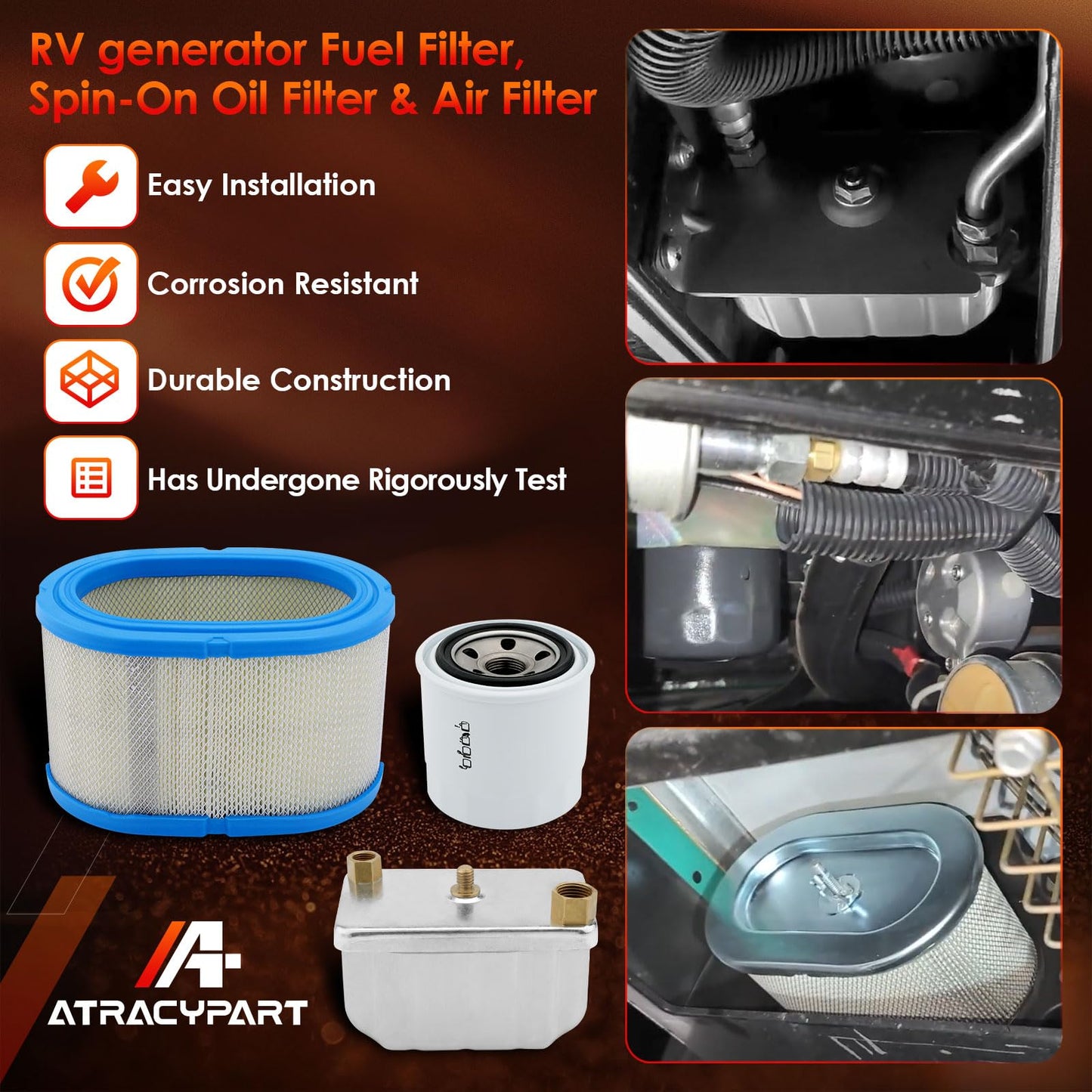 1492513 Fuel Filter, 122-0833 Spin-On Oil Filter & 140-2897 Air Filter, Compatible With Onan Cummins RV QD Series HDKAH, HDKAK, HDKAJ, HQD Series, Quiet Diesel Generator, Replaces# 149-2513, BF806