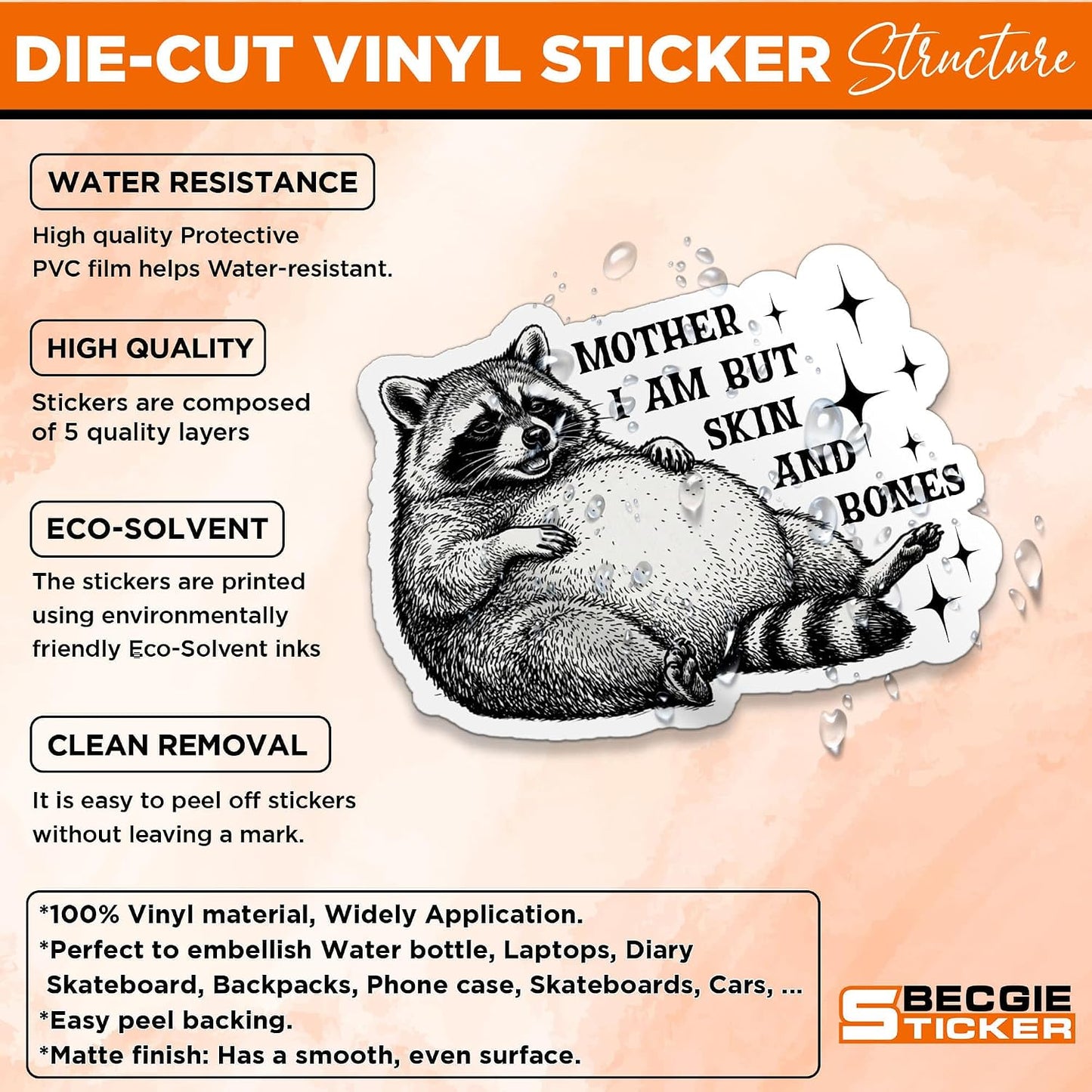 Mother I Am But Skin and Bones Sticker Funny Lazy Chonky Raccoon Woodland Animal Decal Waterproof Vinyl Sticker