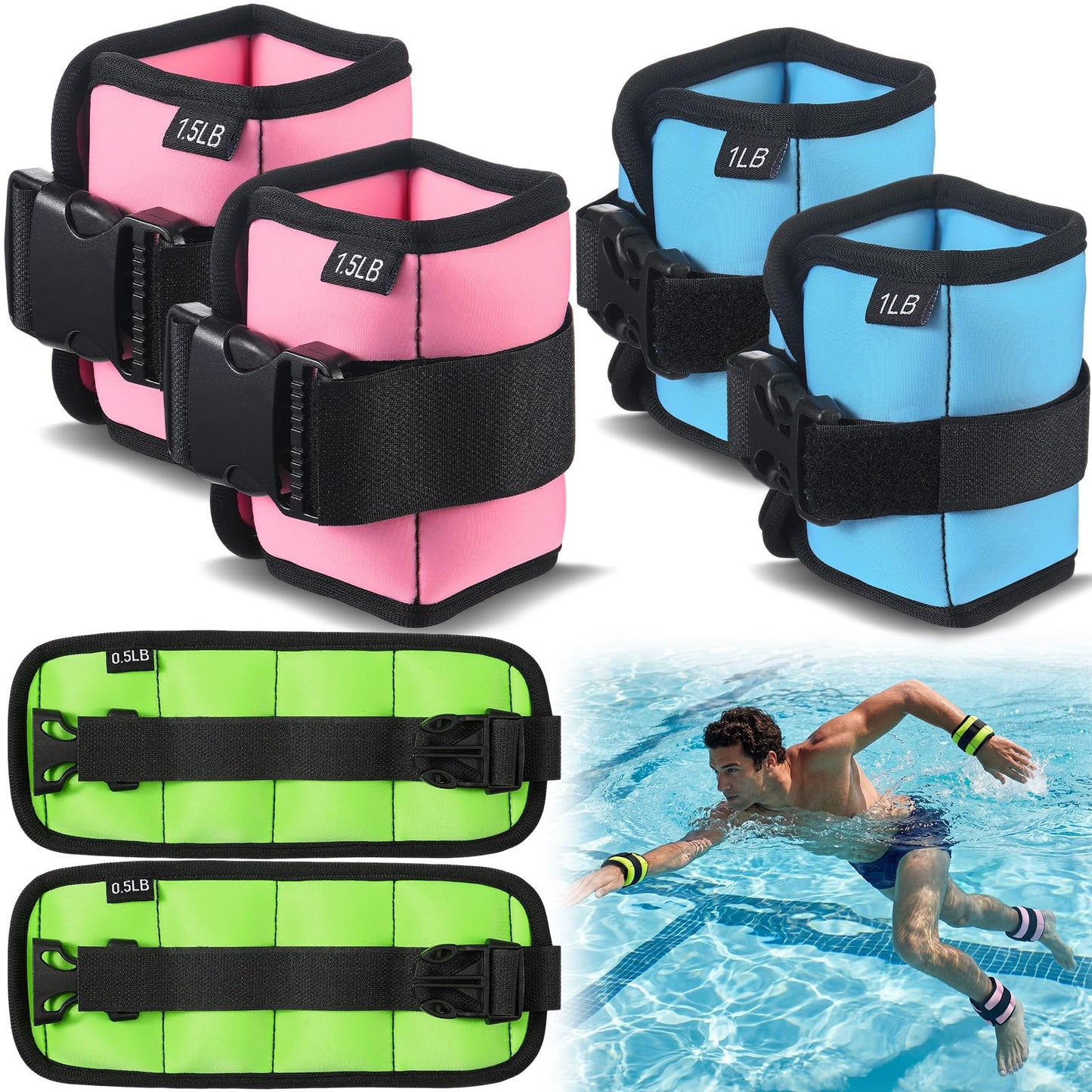 Arrowbash 3 Pairs Ankle Weights for Men Women 0.5lb/1lb/1.5lb Adjustable Swimming Ankle Wrist Weights Bands Set for Pool Aqua Cuffs Aerobics Fitness Jogging Walking Running Yoga(Pink Blue Green)