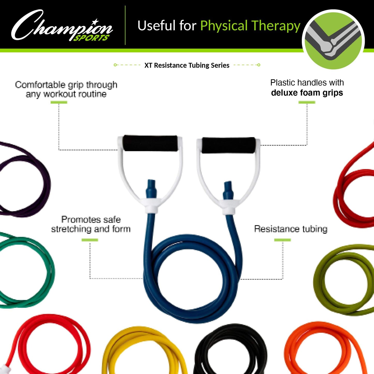 Champion Sports Resistance Tube Bands for Men and Women, Durable Stretch Fitness Band for Strength Training, Stretching, Rehabilitation- Premium Home Workout Equipment- 70 Lbs Resistance Tubing-Yellow