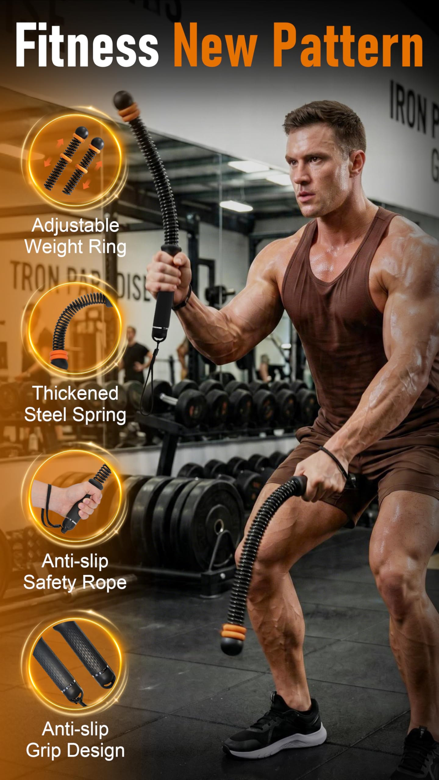 Ropeless Battle Ropes with Weighted Springs, Portable Weighted Home Fitness Training Tool for Low-Impact Exercise, HIIT & Strength Building, Suitable for Men and Women (Orange-Black)
