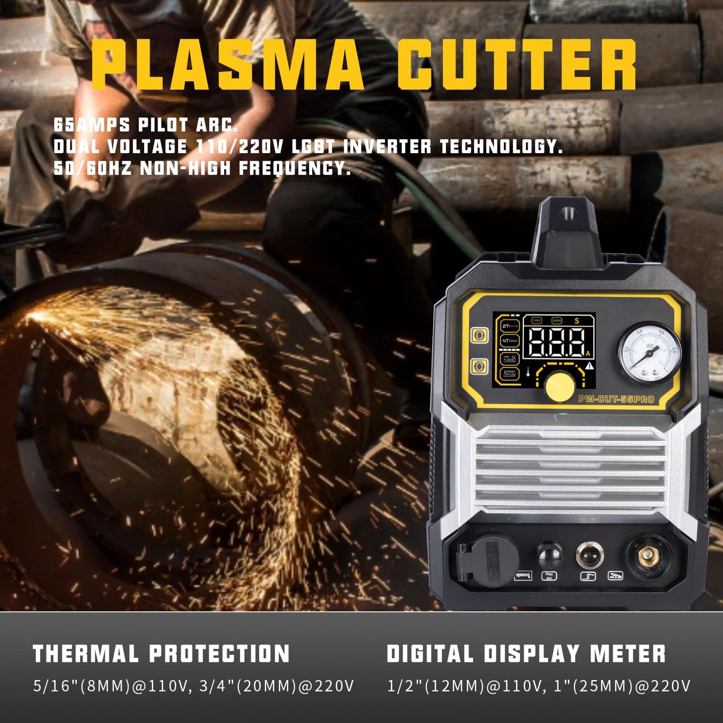 PUWU Plasma Cutter 55Amp High Frequency Non-Touch Pilot Arc,Digital Display IGBT Inverter 110/220V Dual Voltage Blowback Plasma Cutting Machine,2T/4T，5/8” Clean Cutting Thickness，PA/PT Adjustable