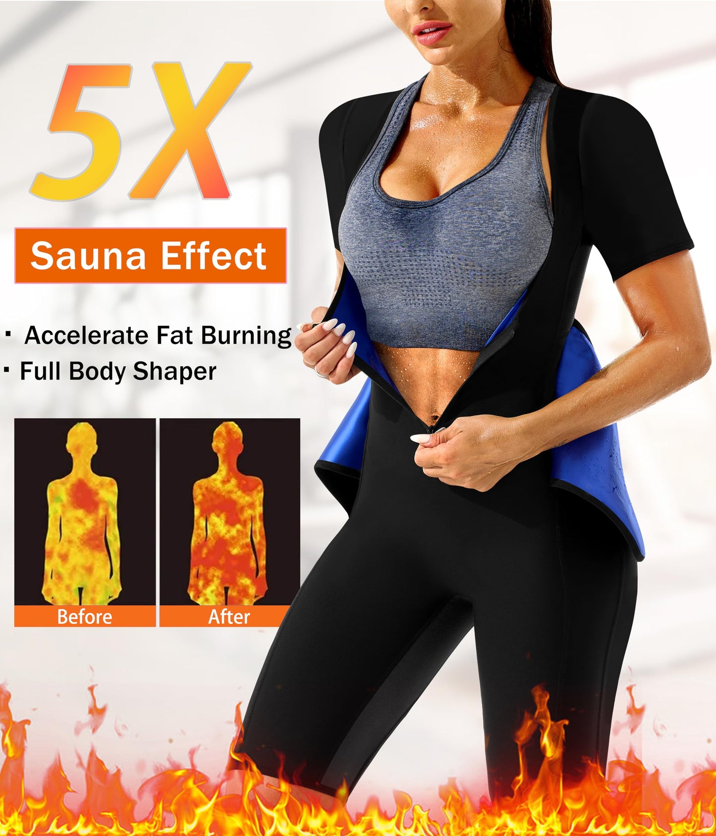LMCOB Sauna Suit for Women Sweat Suit Waist Trainer for Weight Loss 4 IN 1 Slimming Full Body Shaper Sauna Jumpsuit Workout Vest with Shorts(BH70013-01-XL)
