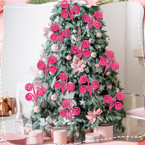 Daifunli 12 Pcs Hot Pink Curly Christmas Tree Picks Velvet Curl Decoration Spiral Curly Tree Topper Ornaments DIY Crafts for Wreath Fireplaces Vase Filler Holiday Ornament, 12 Inch