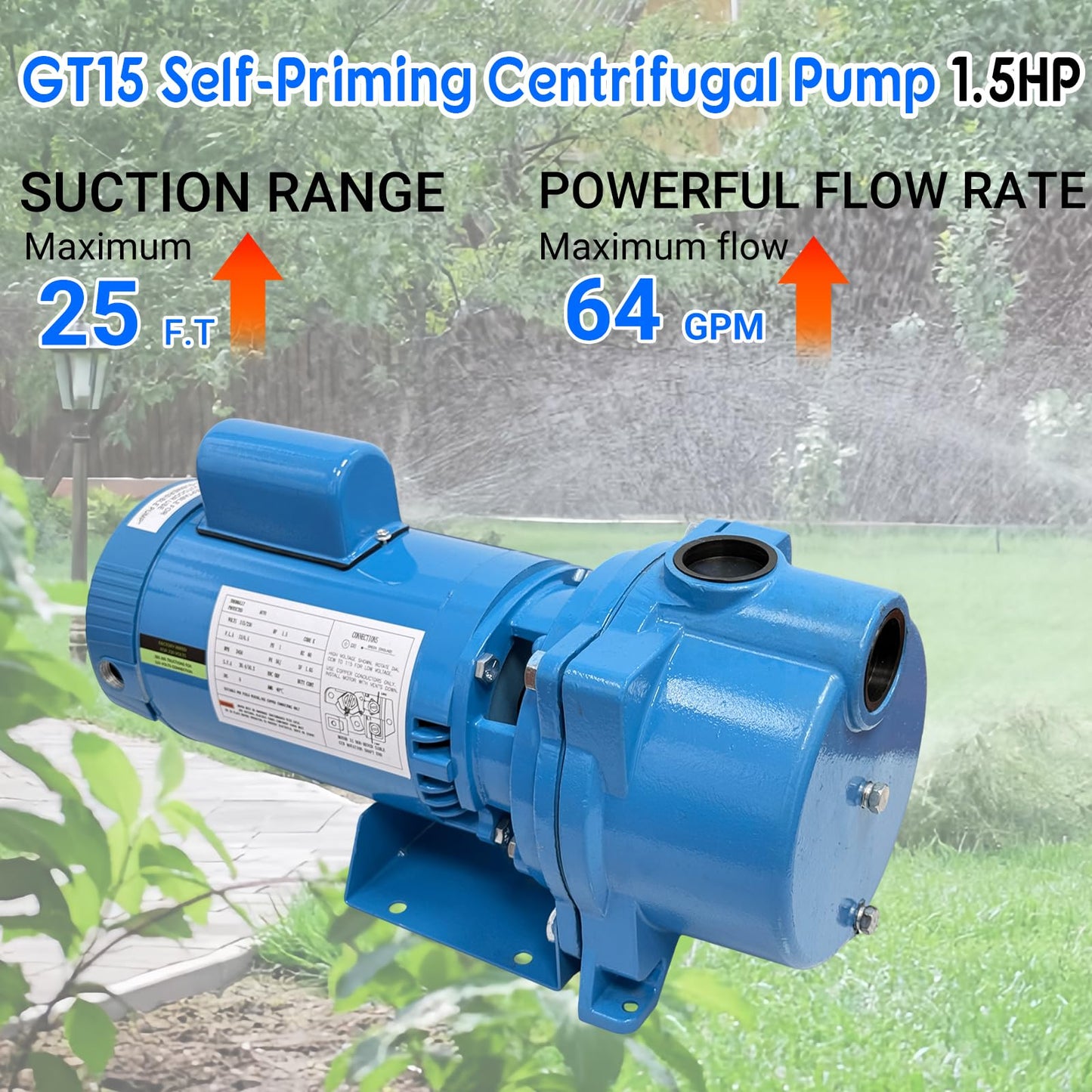 WeenthAvenue GT15 Self-Priming Single Phase Centrifugal Pump, 1.5hp, Single Phase Cast Iron Water Pump Fit for Agricultural & Garden Irrigation