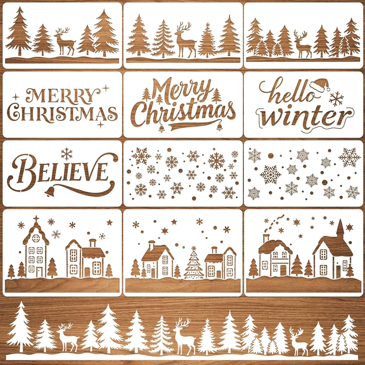 Skiennix Large Christmas Stencils - 12 Pcs Winter House, Snowflake & Pine Tree Designs for Painting on Wood & Glass