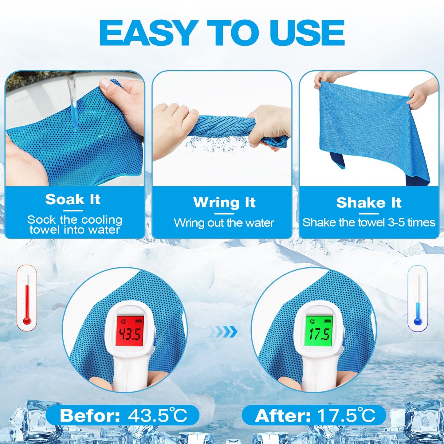 MENOLY 6 Pack Cooling Towels, 40"x12" Cooling Towels for Neck and Face with Breathable Carrying Bags,Soft Microfiber Instant Cooling Rags, Gym Workout Sweat Towel for Sports, Yoga, Camping, Running