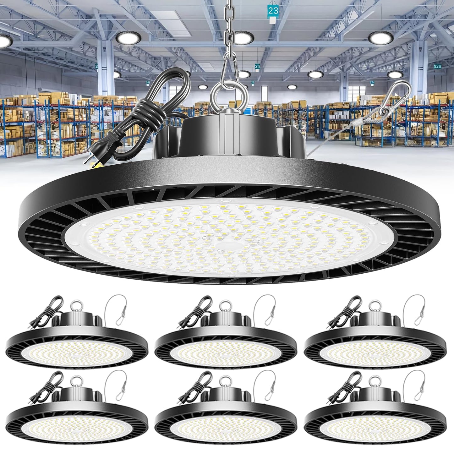 250W UFO LED High Bay Light, 37500LM Super Bright Industrial UFO High Bay LED Shop Lights & Garage Lights,6000K Shop Light IP65 Waterproof with US Plug, for Garage/Warehouse/Gym (6 Pack)