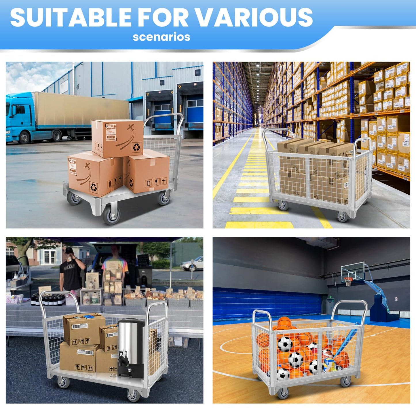 5-in-1 Platform Truck Cart with Cage, Heavy Duty Push Cart Dolly,4 Swivel Wheels, 2600 Lbs Capacity, Alloy Steel Material Multi Purpose Cart for Grocery Store/Laundry/Stall/Warehouse (Silver)