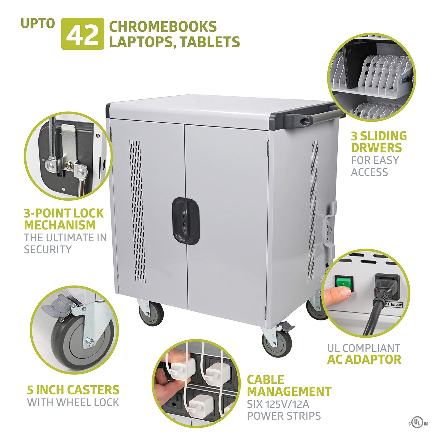Pearington - MN142VS Premium Fully Assembled Heavy-Duty Smart Charge 42 Device Mobile Storage Cart w/3 External Outlets, 4 Point High Security, Up to 15.6" Screen Size, 3 Pull-Out Shelves