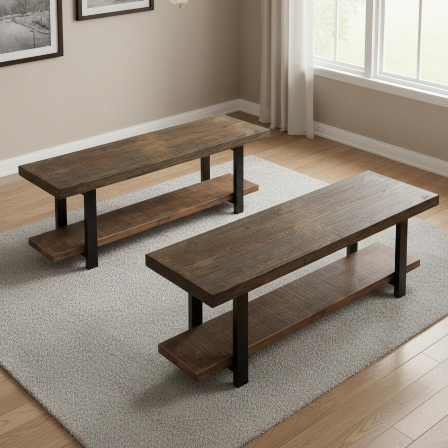 Alaterre Furniture Pomona Dining Bench Set of 2-48-Inch Modern Industrial Solid Wood Indoor Benches with Open Bottom Storage Shelf - Seating for Kitchen, Dining Room, and Living Room (Rustic Brown)
