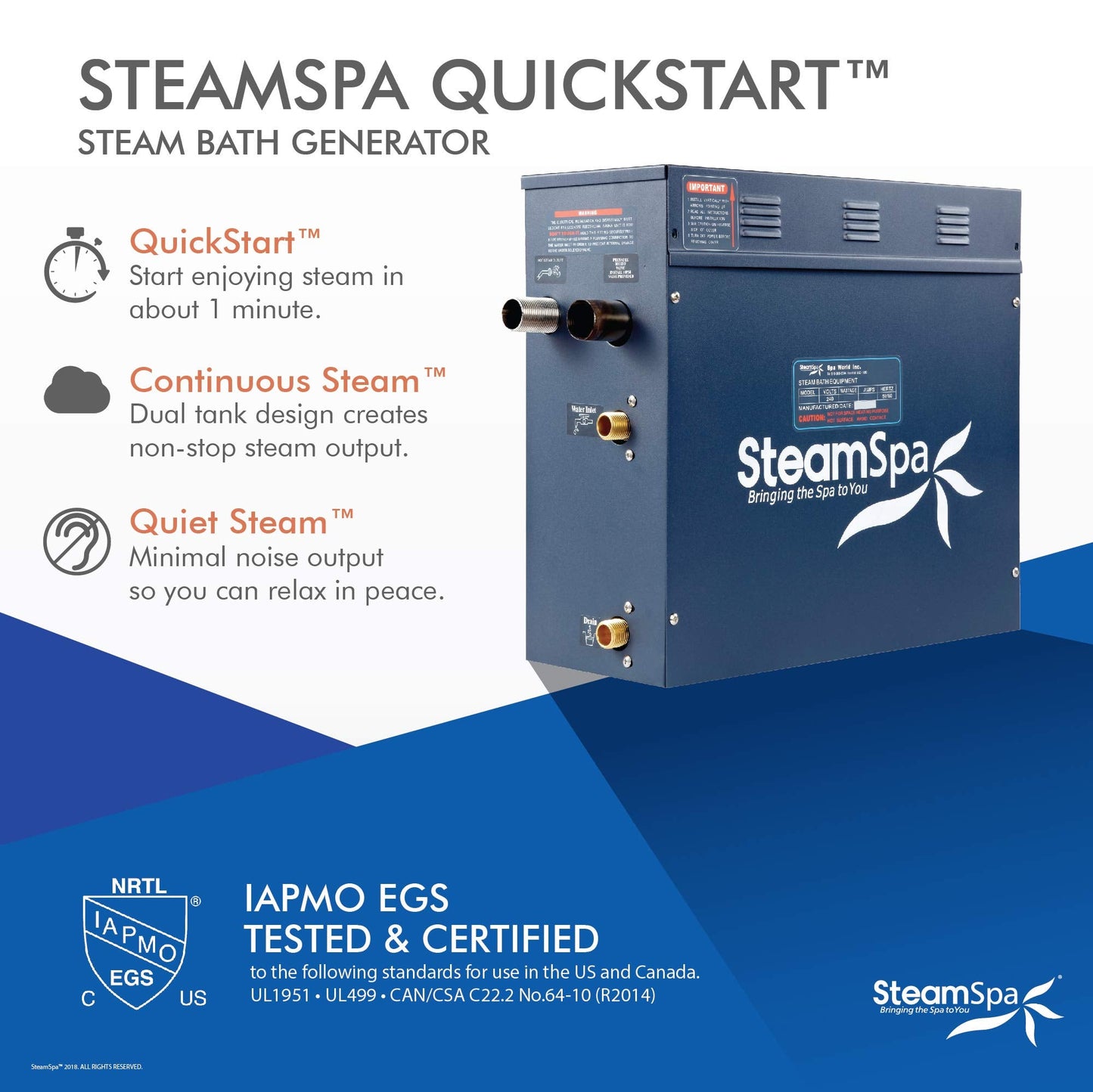 SteamSpa 9kW Steam Sauna Generator Executive Bundle 240V Steam Generator with Touch Pad, Steamheads, Pressure Relief Valve, Built-in Auto Drain, LED Light, Filter and Quick Install Kit EXT900BN-A