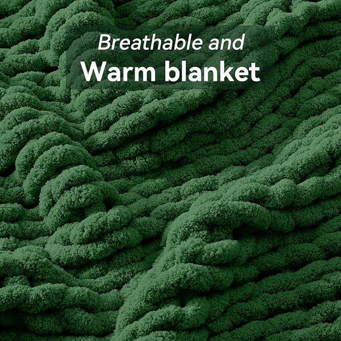 Negwoo Chunky Knit Throw Blanket, 40''*50'' Knitted Throw Chenille Yarn for Bed Couch, Handmade Grass Green Crochet Big Thick Blanket, Machine Washable Cute Comfy Blanket for Home Decor