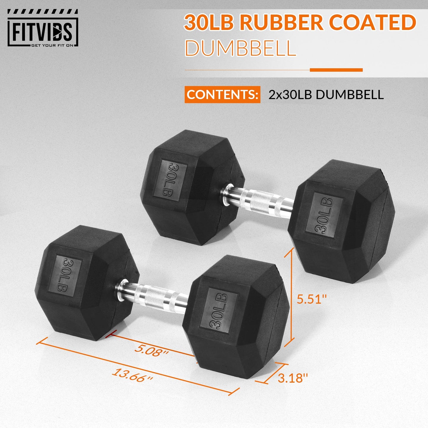 Fitvids Rubber Encased Hex Dumbbell, Hand Weights Set of 2 with Anti-Slip Cast Iron Grip for Strength Training, 30 LB Pair