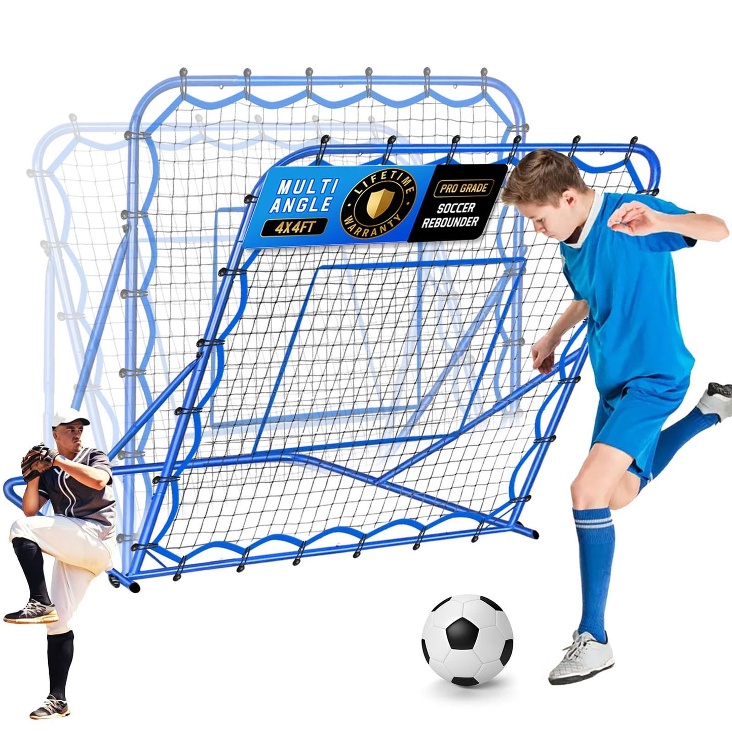 4x4FT Soccer Baseball Rebounder Net, Volleyball Softball Rebound PitchBack Net Quick-Switch Angle Soccer Training for Control, Passing Practice, Lacrosse Bounce Back Rebounder Gifts Trainer Equipment