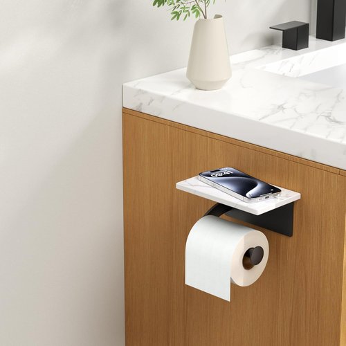 FORIOUS Toilet Paper Holder - Natural Marble Wall Mount with Phone Shelf | 304 Stainless Steel, Matte Black