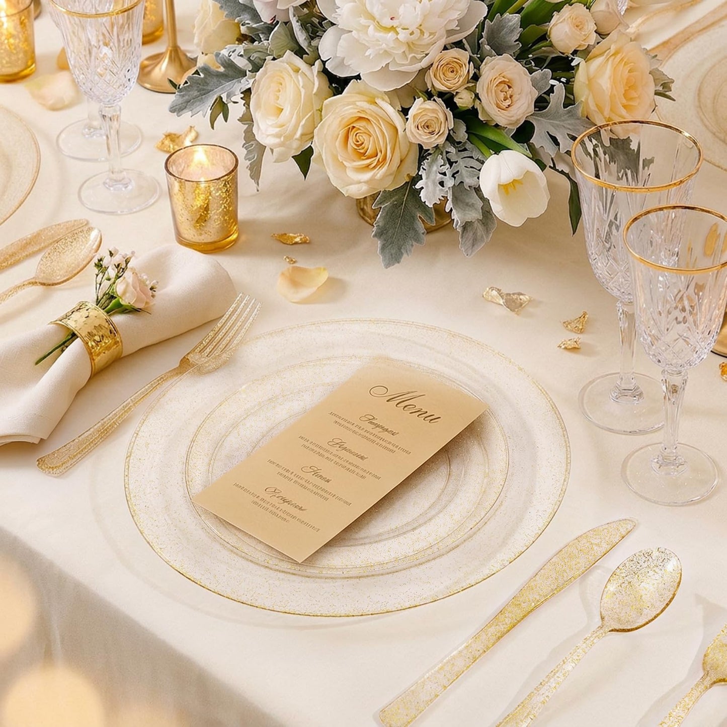 WDF 120PCS Gold Plastic Plates- Disposable Gold Glitter Plates, Premium Heavy Duty 60-10.25" Dinner Plate and 60-7.5" Salad Plate for Wedding Baby Shower Spring Birthday