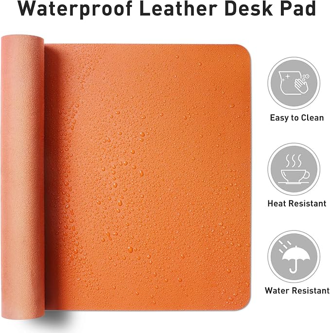 Aothia Faux Leather Desk Mat – Large Mouse Pad, Non-Slip PU Leather Blotter, Waterproof Writing Surface for Office and Home (Hermes Orange, 47.2" x 23.6")