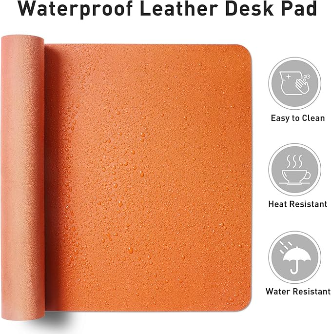 Aothia Faux Leather Desk Mat - Large Mouse Pad, Non-Slip PU Leather Blotter, Waterproof Writing Surface for Office and Home (Hermes Orange, 55" x 17")