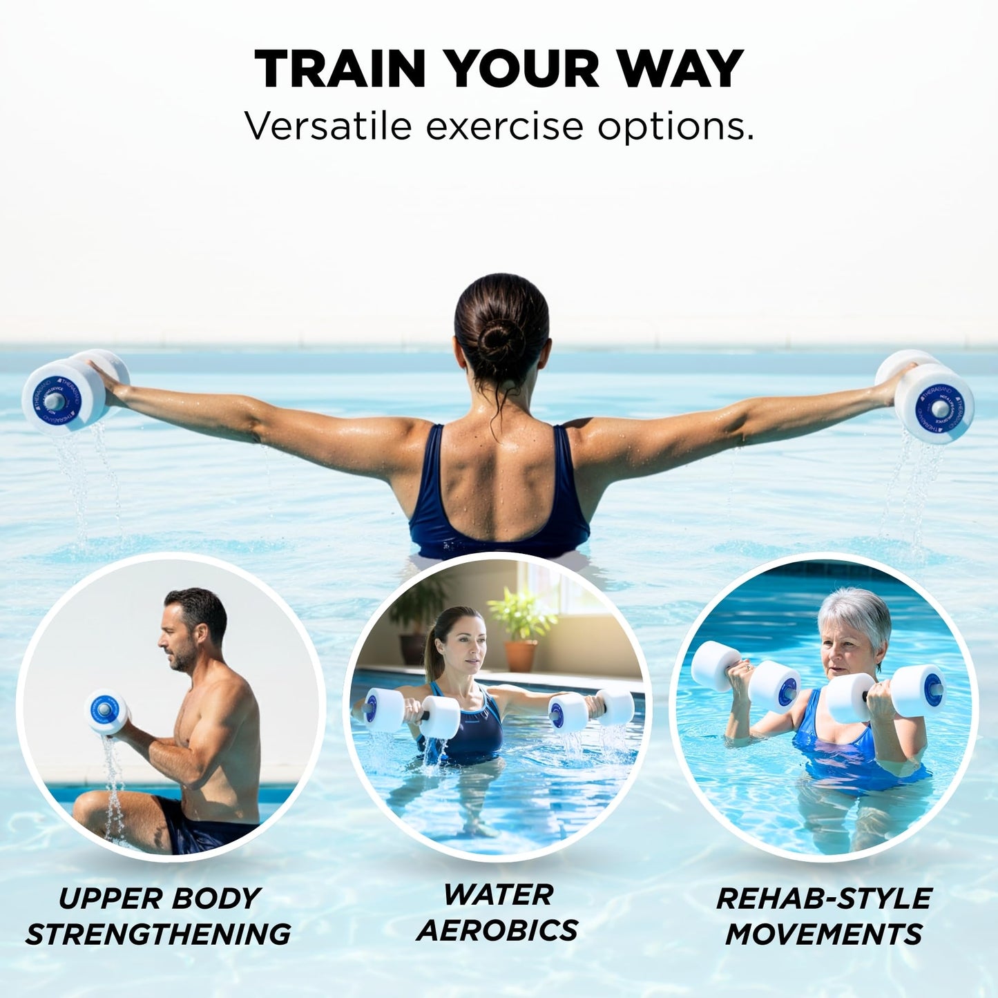 THERABAND Water Weights, Aquatic Dumbbells for Pool Fitness, Pair, Blue Heavy Resistance Level, for Pool Exercise and Water Aerobics for Adults, Foam Pool Weights for Therapy and Fitness Workouts