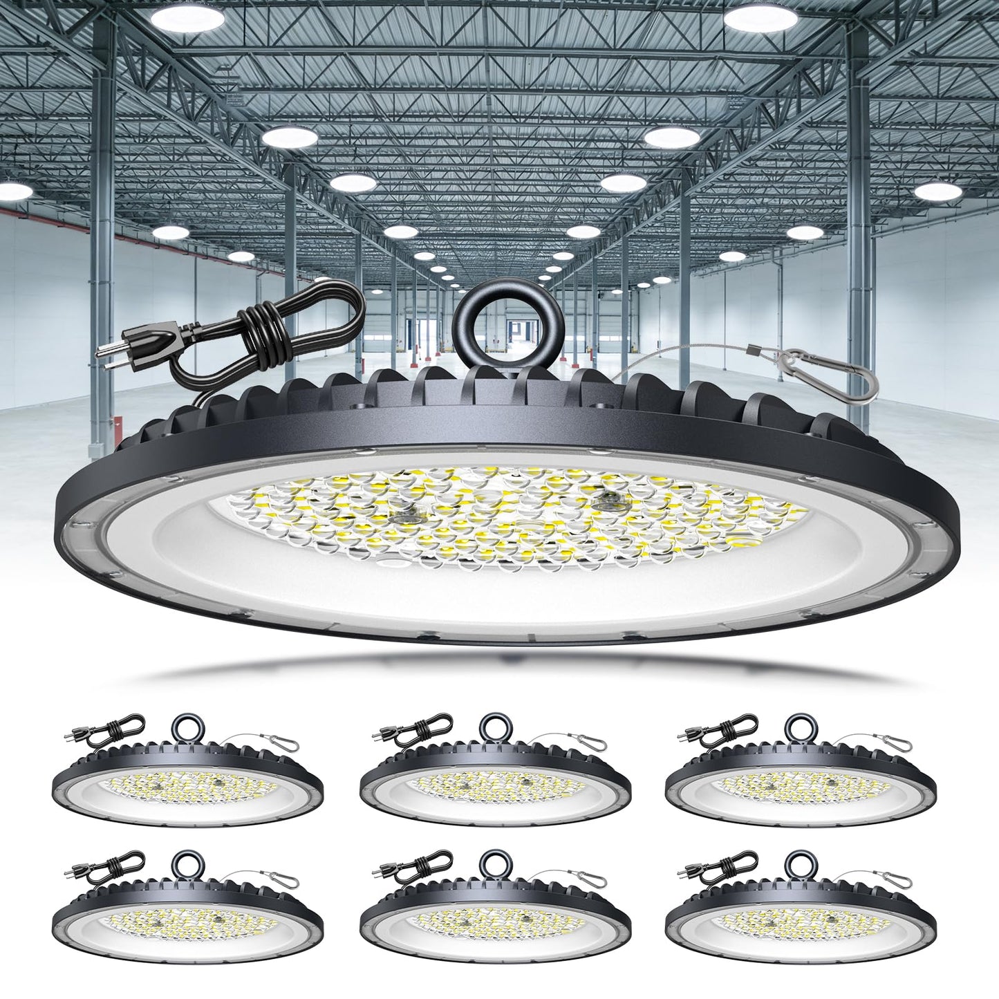 AIKVSXER 6 Pack 300W LED Shop Lights, 45000LM 6000K Daylight UFO LED High Bay Light, IP65 Waterproof Commercial Bay Lighting with Plug for Warehouse Garage Lights Workshop Gym Factory